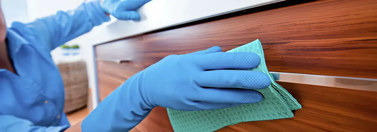 Cleaner wearing blue gloves wiping a wooden cabinet drawer with a microfiber cloth for dust and grime removal, Sioux Falls, SD.